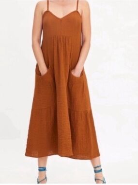 Zara V Neck Textured Spaghetti Adjustable Strap Midi Tie Dress Pockets